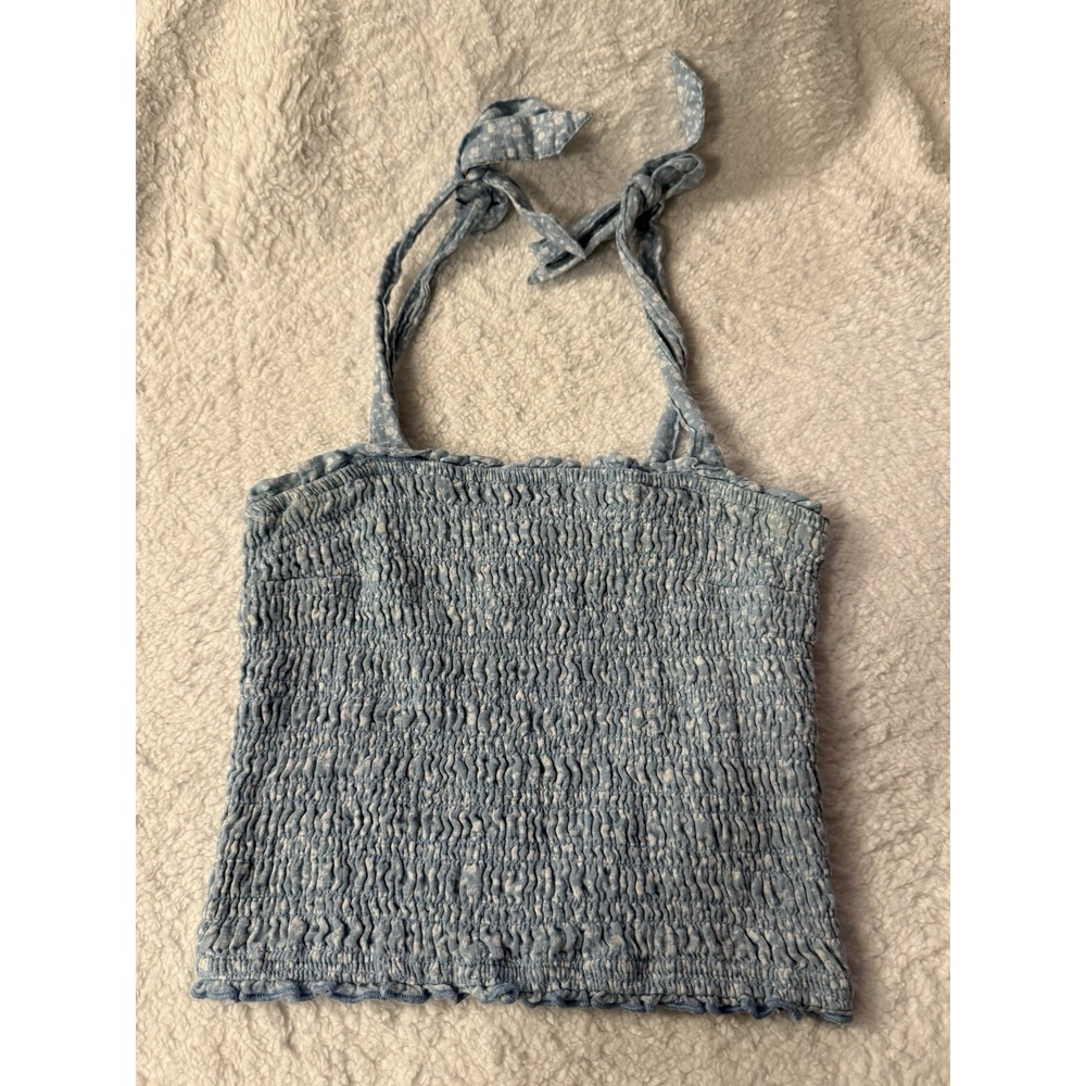 Abercrombie & Fitch Tie Top Wm M Cropped Smocked Blue‎ White Prairie Cottagecore